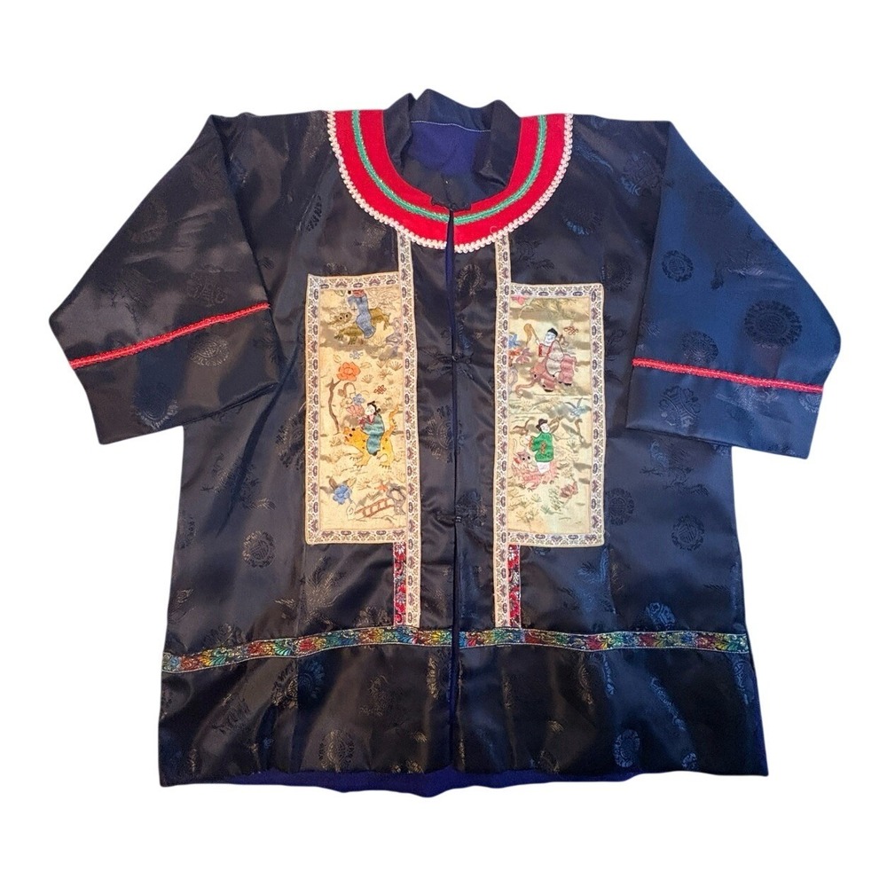 Unbranded Chinese Silk Jacket Men L Black Embroidered Dragon Traditional Vintage